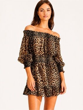 Veronica Beard Arcos Leopard Print Off Shoulder Mini Dress XL Cotton Silk NWT